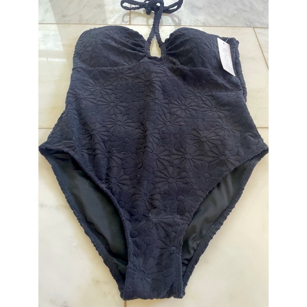 Beach Joy Bikini Black Flower Textured One Piece Swimsuit New with Tag Medium